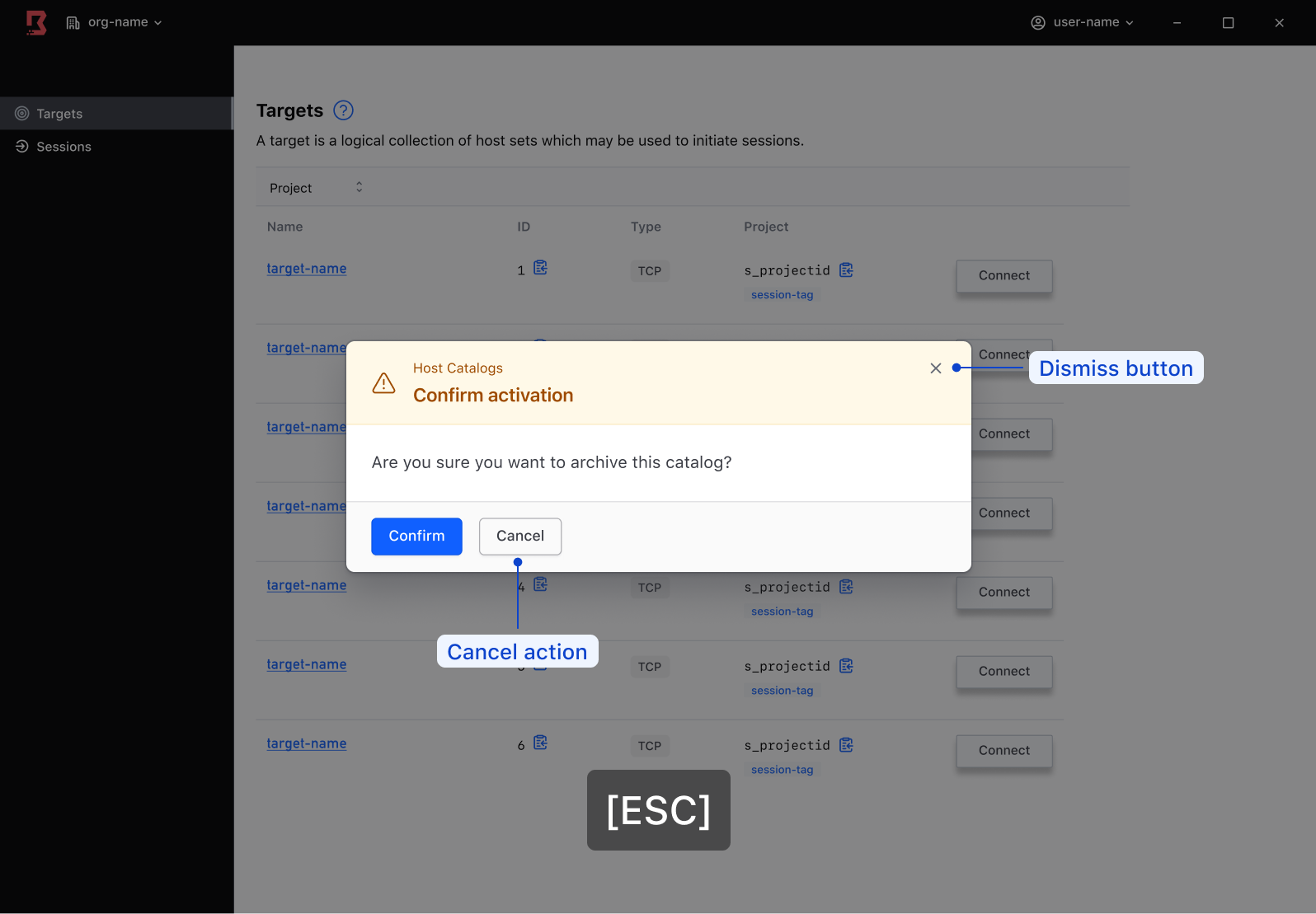 Dismissal options for the Modal